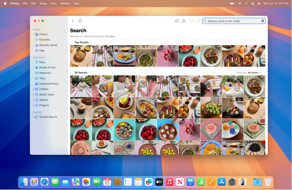 The Mac desktop showing the Photos app. The search field shows a natural language search, with the search results from the library below.