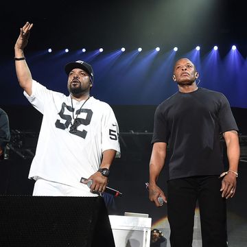 (L-R) Members of N.W.A. DJ Yella, Ice Cube, Dr. Dre and MC Ren perform onstage during day 2 of the 2016 Coachella Valley Music & Arts Festival Weekend 2 at the Empire Polo Club on April 23, 2016 in Indio, California.