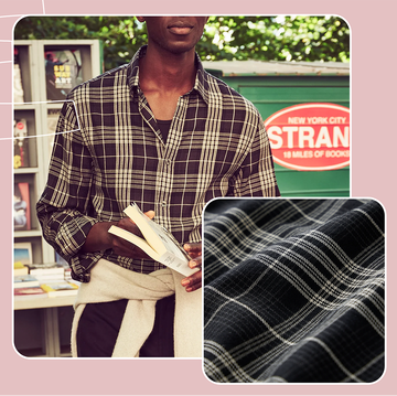 plaid flannel shirt paired with a book featuring a fabric swatch