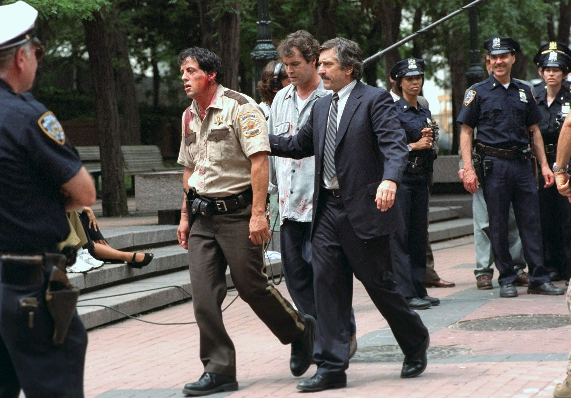 united states july 29 sylvester stallone, ray liotta and robert de niro l to r during filming of the movie copland at police headquarters photo by richard corkeryny daily news archive via getty images