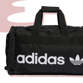 black duffel bag with white adidas logo