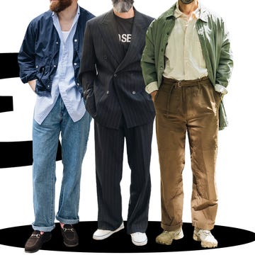 three men wearing distinct outfits standing side by side on a minimalistic background