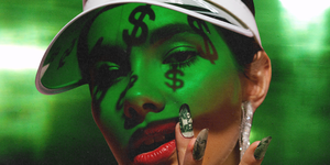 a woman in green light with dollar signs shadowed on her face and dollar bill nail art