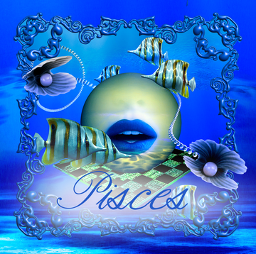 the word pisces under a planet and fish