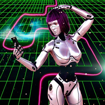 a futuristic female robot taking a selfie against a digital backdrop