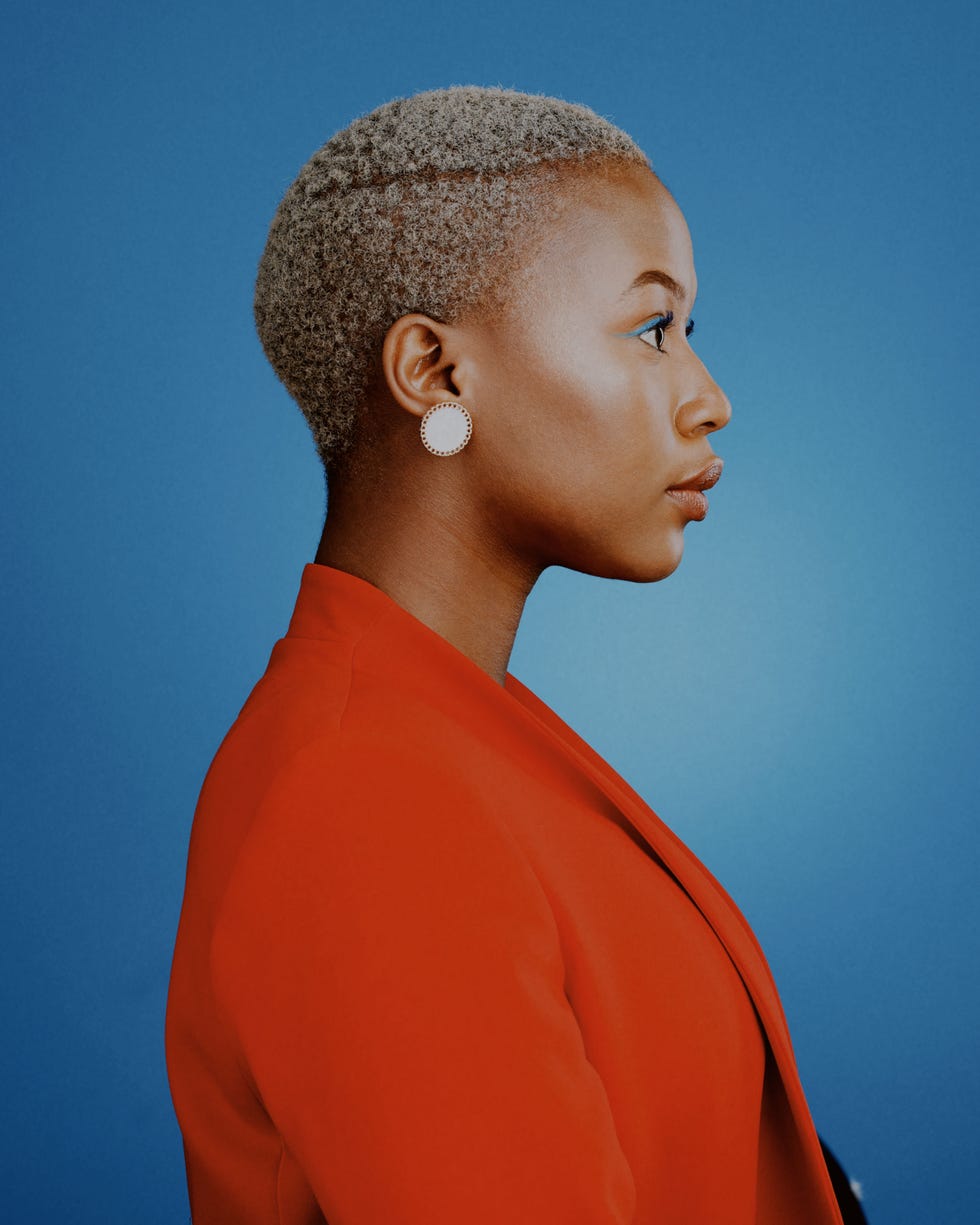 a woman in a red shirt