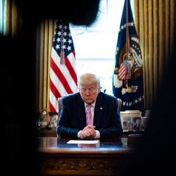 washington, dc   april 10 president donald trump bows his head during a easter blessing by bishop harry jackson, senior pastor at hope christian church in beltsville, md, in the oval office of the white house on  april 10, 2020 in washington, dcthe trump adminstration is stressing the need for physical distancing over the easter weekend photo by al drago   poolgetty images