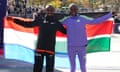 Abdi Nageeye and Sheila Chepkirui celebrate their victories at the New York City Marathon