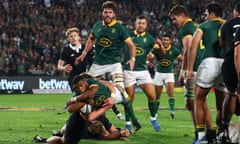 Grant Williams dives for the line to score South Africa’s winning try against New Zealand at Ellis Park in Johannesburg.