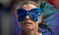 Arjola Dedaj of Italy competes in the women's long jump T11 class while wearing a butterfly blindfold