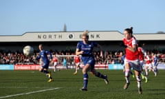 Chelsea’s Millie Bright tries to contend with Arsenal’s Vivianne Miedema