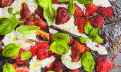 Tom Hunt's roasted (over- or under-ripe) strawberries with basil, buratta and black pepper.