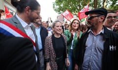 Lucie Castets (centre), prime ministerial candidate for the leftwing coalition Nouveau Front Populaire, in Lille on 27 July 2024