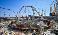 Construction workers at Hinkley Point C nuclear power station near Bridgwater in Somerset, England