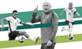 graphic composite with two male footballers, a coach and lines of green