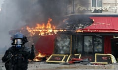 The Fouquet’s restaurant on fire during a gilets jaunes protest, Paris, 16 March