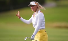 Emily Pedersen of Team Europe reacts to a shot on the 13th hole.