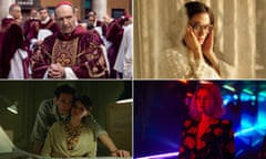 A composite image of a priest, an opera singer, a woman in a club, a man and woman in an office