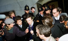 A newly acquitted Clive Ponting at the centre of a media scrum in 1985