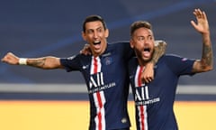 Ángel Di María celebrates with Neymar after scoring PSG’s second goal against RB Leipzig in the Champions League semi-finals