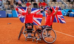 Alfie Hewett and Gordon Reid of Great Britain celebrate winning gold in the wheelchair tennis final.