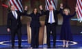 Democratic presidential nominee Kamala Harris stands with her husband Doug Emhoff, running mate Tim Walz and his wife Gwen after historic convention address.