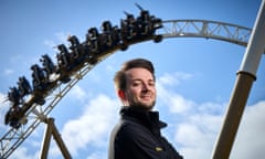 John Burton, next to Hyperia, the rollercoaster he co-designed at Thorpe Park.