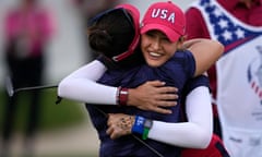 Nelly Korda embraces her USA teammate Megan Khang after the pair won their fourball match