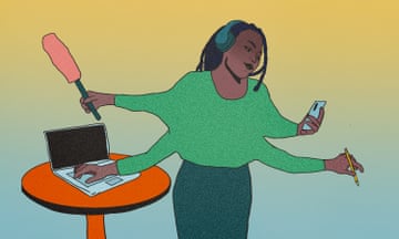 An illustration of a person with four arms doing multiple tasks at once: dusting, typing on a laptop, looking at a cellphone, holding a pencil, and listening to music