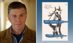 Composite image of a headshot of Craig Sherborne and the cover of The Grass Hotel, which includes a drawing of a horse