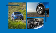 A composite image comprising three images: One image of the front of a blue car. One close-up image of a steering wheel. One close-up image of a car wheel.