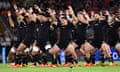 Rugby - Rugby Championship - Argentina v New Zealand<br>The All Blacks perform the Haka before the Round 4 Rugby Championship match between the Argentina Pumas and the New Zealand All Blacks at Suncorp Stadium in Brisbane, Australia, September 18, 2021. AAP Image/Darren England/via REUTERS ATTENTION EDITORS - THIS IMAGE WAS PROVIDED BY A THIRD PARTY. NO RESALES. NO ARCHIVE. AUSTRALIA OUT. NEW ZEALAND OUT. NO COMMERCIAL OR EDITORIAL SALES IN NEW ZEALAND. NO COMMERCIAL OR EDITORIAL SALES IN AUSTRALIA.