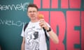 Tim Jonze enjoys an ice cream at the Shepards as part of his Glastonbury food series. Photograph: Alecsandra Dragoi for the Guardian