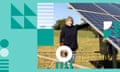 To-camera portrait of a senior independent female Aussie farmer next to her solar panels in a field