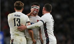 RUGBYU-ENG-NZL<br>England's flanker Tom Curry (C) is congratulated by England's centre Henry Slade (L) and England's scrum-half Ben Spencer (R) after making a tackle during the Autumn Nations Series International rugby union test match between England and New Zealand at the Allianz Stadium, Twickenham in south-west London, on November 2, 2024. (Photo by Glyn KIRK / AFP) (Photo by GLYN KIRK/AFP via Getty Images)