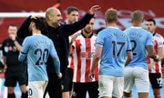 Pep Guardiola with some of his Manchester City players after the 1-0 win at Sheffield United.