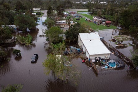 An overhead view of a flooded trailer park