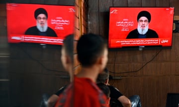 Hezbollah's leader Hassan Nasrallah speaks following waves of communication devices blasts in Lebanon<br>epaselect epa11614056 People watch Hezbollah Secretary-General Hassan Nasrallah delivering a televised speech at a coffee shop in the southern suburb of Beirut, Lebanon, 19 September 2024. Nasrallah commented on the explosions condemning Israel. Hezbollah declared in a statement that Israel was behind the strike and that there will be consequences. Lebanon's Health Minister Firas Abiad said on 19 September that at least 37 people died and more than 2900 others injured after multiple wireless communication devices were detonated on 17 and 18 September.  EPA/WAEL HAMZEH