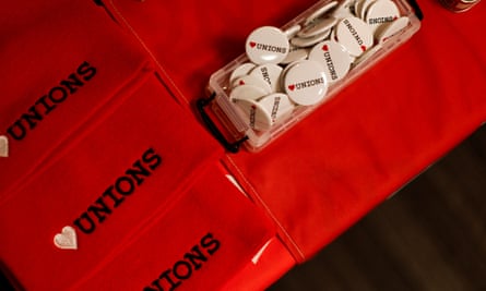 ‘I love unions’ badges on sale in Brighton.