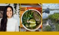 Three images: Image of woman smiling; bowl of pho; alligator hiding in wetlands with a boat in the background.