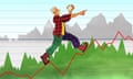 an illustration of a man in outdoor walking gear yomping holding an old-fashioned alarm clock  while using the red graph's peaks and troughs as steps. The upward trajectory of the graph line is mirrored by greyed-out mountain peaks in the background