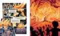 Two pages depicting the fire scene from the Lord of the Flies graphic novel.