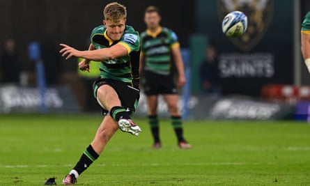 Fin Smith takes a conversion for Northampton against Saracens in May’s Premiership semi-final