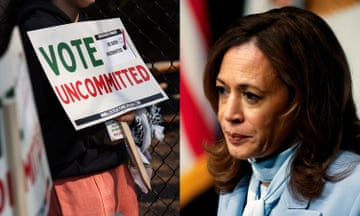 A 'vote uncommitted' sign next to photo of Kamala Harris.