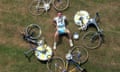 Chris Boardman surrounded by his bikes the day before the 1994 Tour de France.