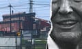 A side-by-side graphic of a steel plant and a close-up of Donald Trump's smile