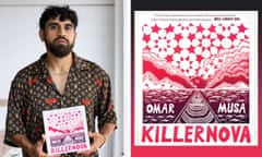 Omar Musa holding his book Killernova with two hands, and a close up of the cover of the book.