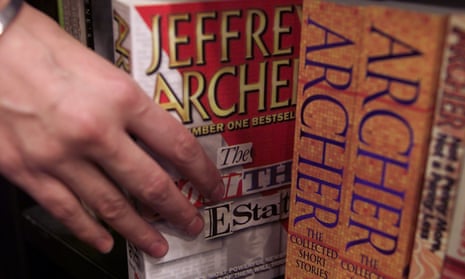 Jeffrey Archer’s books on the shelves in a bookshop.