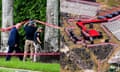 a side-by-side image of police investigating a crime scene at Trump's golf club and an outdoor rally in Pennsylvania