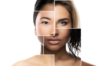 A composite photograph showing a woman’s face with different ethnicities.